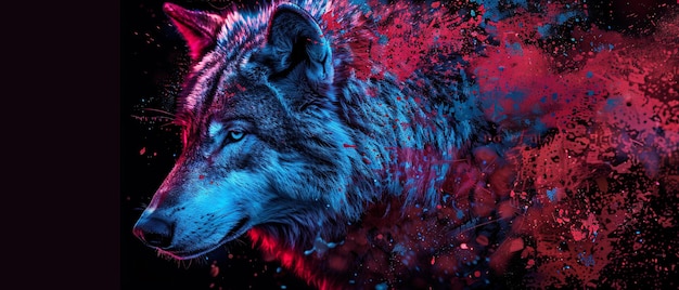 Retrato de lobo com manchas de tinta azul e vermelha