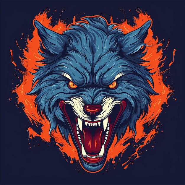 Retrato de lobo malvado brutal, olhos de lobo brilhantes, ilustração 3d de cabeça grande de cor vermelha