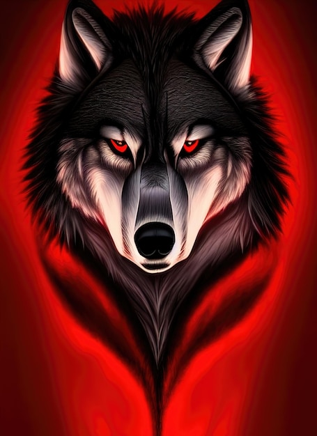 Retrato de lobo malvado brutal, olhos de lobo brilhantes, ilustração 3d de cabeça grande de cor vermelha