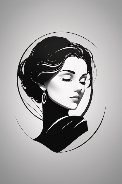 Retrato de logotipo de ilustração plana de mulher elegante em preto e branco