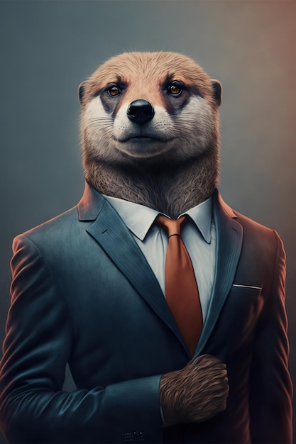 Retrato de lontra com terno e gravata marrom em verde criado usando tecnologia generativa de IA