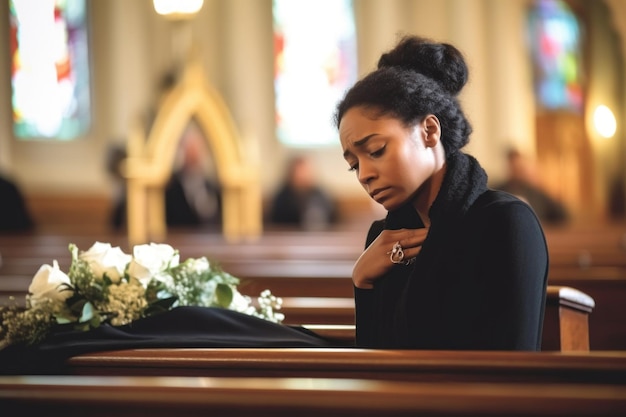 Retrato de luto e mulher afro-americana na igreja Jovem viúva negra Generative AI