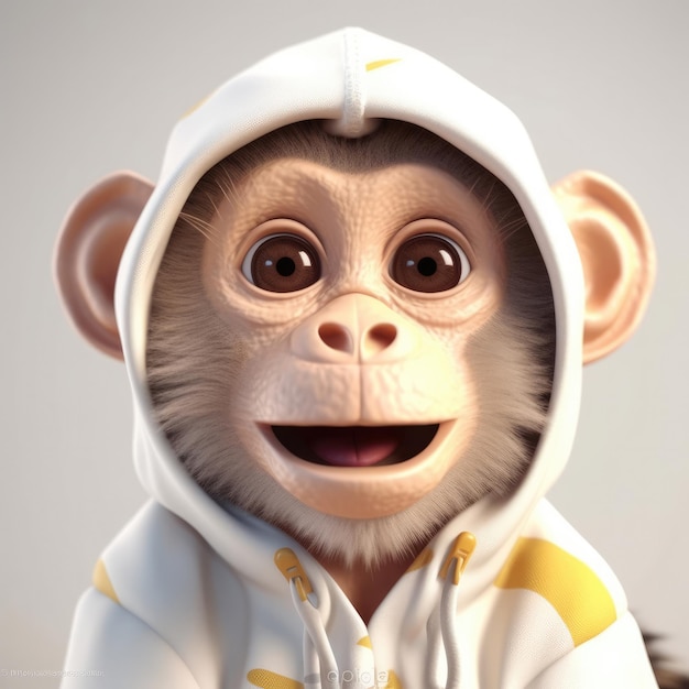 Retrato de macaco de desenho animado 3D vestindo roupas, óculos, chapéu e jaqueta em pé na frente
