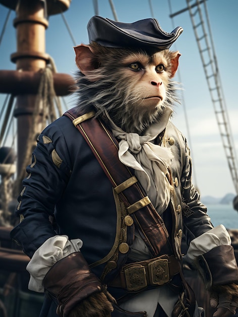 Foto retrato de macaco pirata costume de companheiro de navio peg leg barrel camisa náutica coleções de artes animais