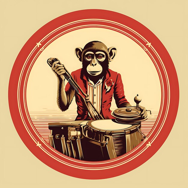 Retrato de macaco usando colete com pose legal tocando um pôster vintage instantâneo arte de design plano 2D