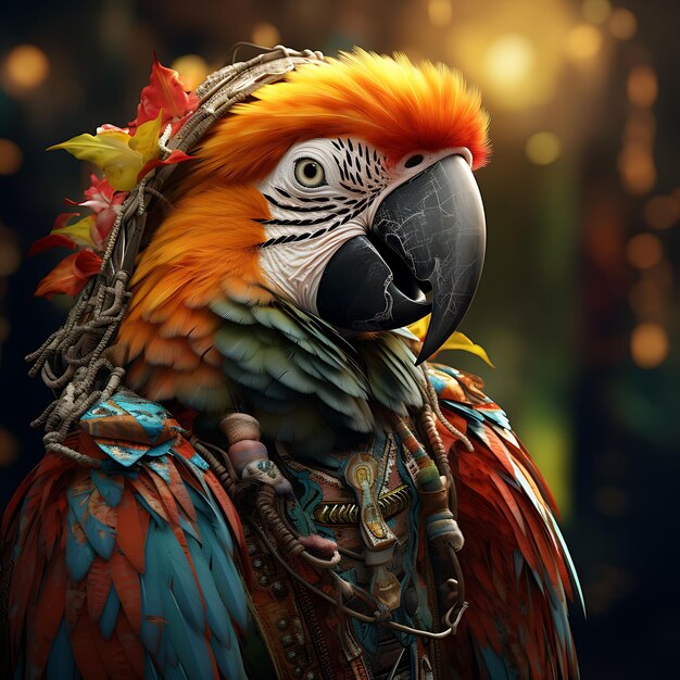 Retrato de Macaw vestido com um Huipil vibrante empoleirado graciosamente em um Br Festivo México Tradicional