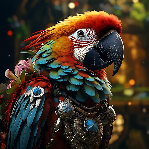 Retrato de Macaw vestido com um Huipil vibrante empoleirado graciosamente em um Br Festivo México Tradicional