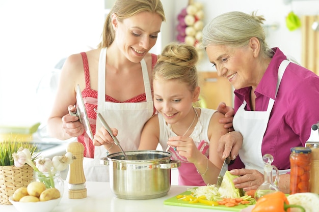 Retrato de mãe e filhas cozinham para comer