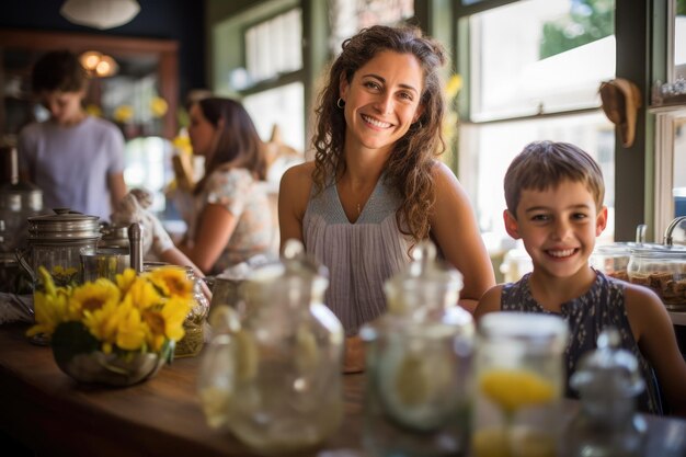 Retrato de mãe e filho sorridentes em pé à mesa na cozinha da família em casa, desfrutando de uma xícara fumegante de limonada em um dia ensolarado em uma cafeteria pitoresca e aconchegante gerada por IA