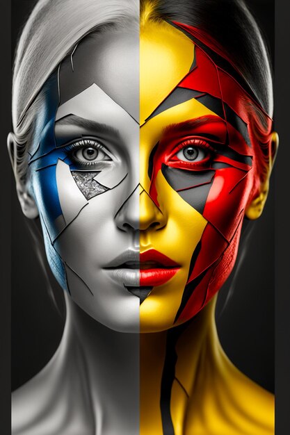Foto retrato de maquiagem vívida close-up de mulher rosto colorido vermelho e amarelo gerado por ai