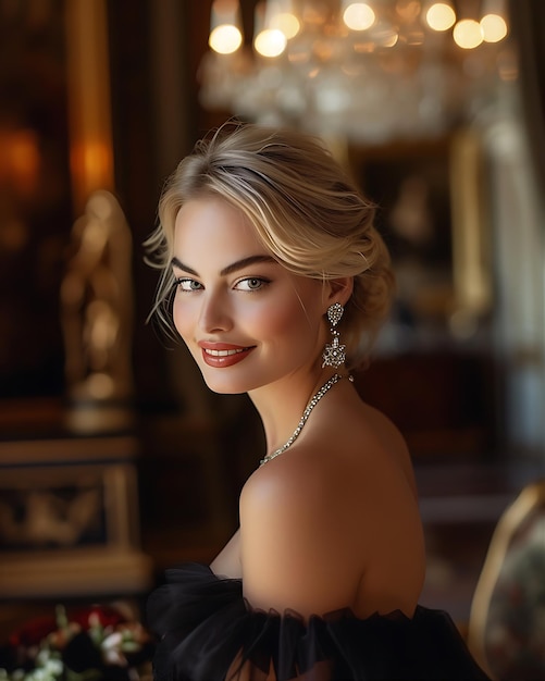 Retrato de Margot Robbie feliz e sorridente