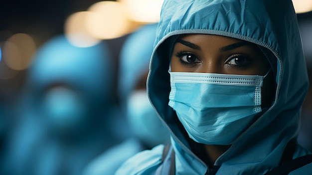 retrato de médica em uniforme protetor em pé no centro médico moderno