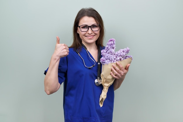 Retrato de médica mostrando sinal de mão ok médico sorridente feliz com buquê de flores sobre fundo verde claro