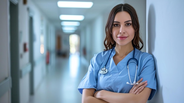 Foto retrato de médica no corredor do hospital olhando para a câmera equipe médica medicina e conceito de saúde