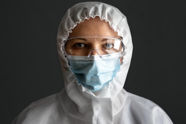 Retrato de médica ou enfermeira em traje de EPI durante a pandemia de COVID19
