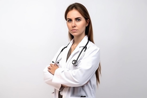 Retrato de médica sorrindo e olhando para a câmera em um fundo cinza