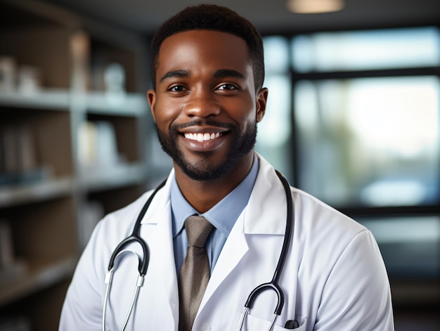 Retrato de médico amigável em roupas de trabalho com estetoscópio no pescoço