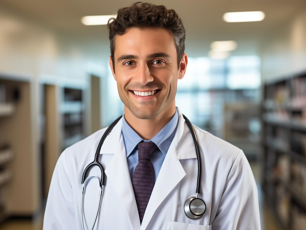 Retrato de médico amigável em roupas de trabalho com estetoscópio no pescoço