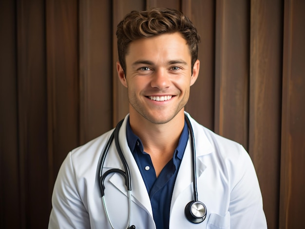 Retrato de médico amigável em roupas de trabalho com estetoscópio no pescoço