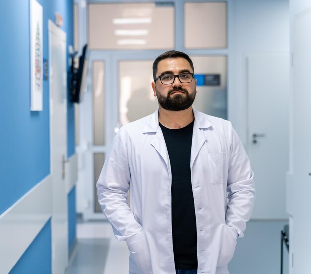 Retrato de médico com expressão séria no rosto. Médico vestindo jaleco branco, tendo a porta aberta no corredor da clínica como pano de fundo.