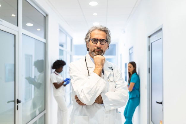 Retrato de médico masculino maduro, vestindo jaleco branco com estetoscópio no corredor do hospital movimentado.