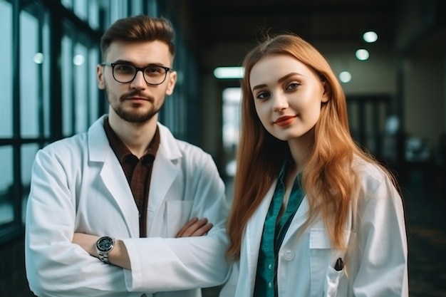 Retrato de médicos confiantes em pé com os braços cruzados no corredor do hospital moderno
