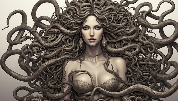 Retrato de Medusa Gorgona mitológica famosa por ter cobras vivas na cabeça