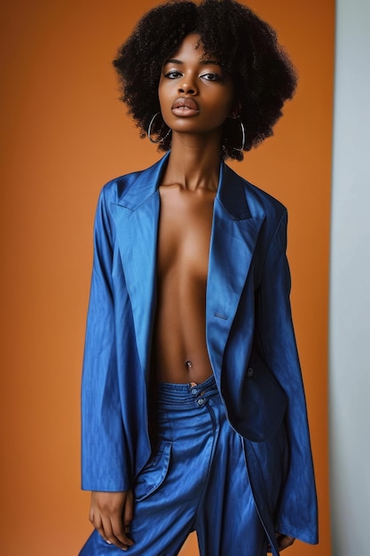 Retrato de meio corpo de uma jovem afro-americana em terno de seda azul contra estúdio laranja