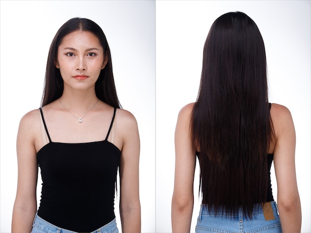 Retrato de meio corpo dos anos 20 Mulher asiática com cabelo longo e liso preto com maquiagem. A menina gira 360 em torno da visão traseira do lado traseiro muitas poses sobre o branco Perfil isolado de fundo