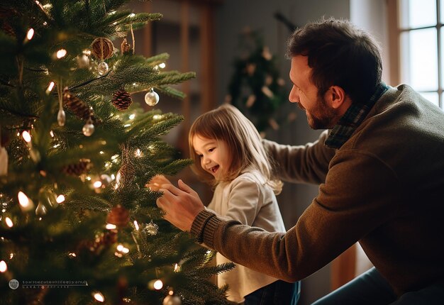 Foto retrato de membros felizes da família e decorações de crianças árvore de natal e ornamentos pendurados