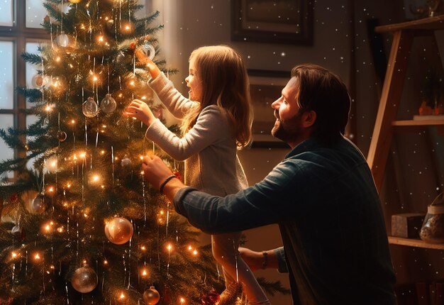 Foto retrato de membros felizes da família e decorações de crianças árvore de natal e ornamentos pendurados