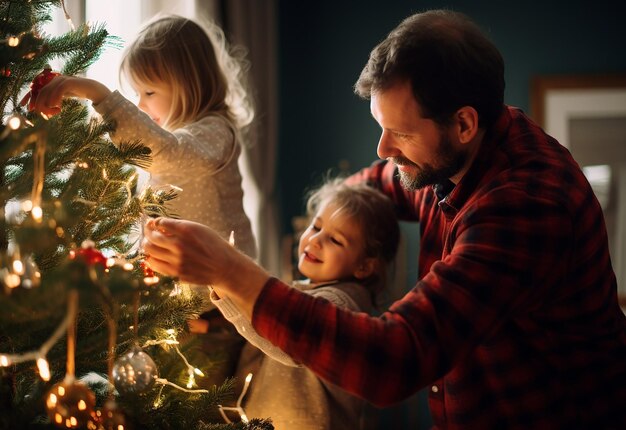 Foto retrato de membros felizes da família e decorações de crianças árvore de natal e ornamentos pendurados