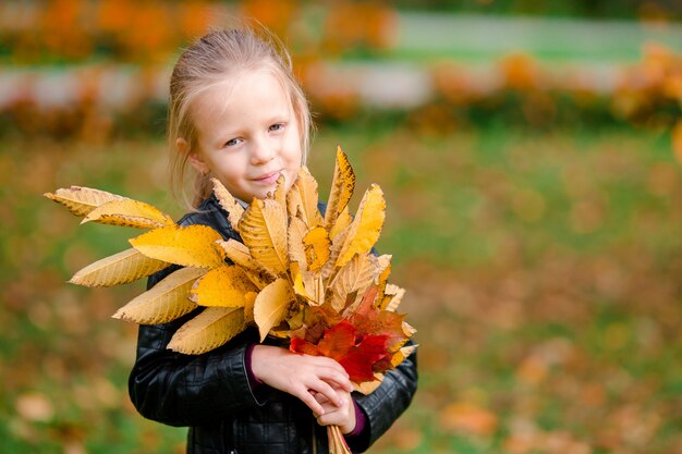 Retrato de menina adorável com amarelo e laranja deixa o buquê ao ar livre no lindo dia de outono