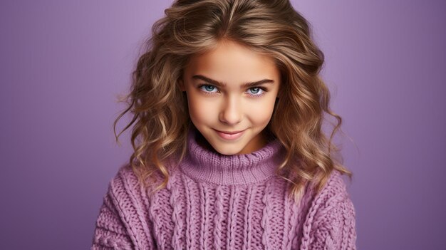 retrato de menina bonita com olhos violetas e suéter roxo em fundo roxo