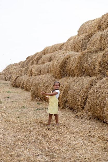 Retrato de menina bonitinha de pé pela pilha de palheiros laminados no campo de feno olhando para a câmera apontando algo com a mão no vestido de verão se divertindo longe da cidade no campo cheio de feno dourado