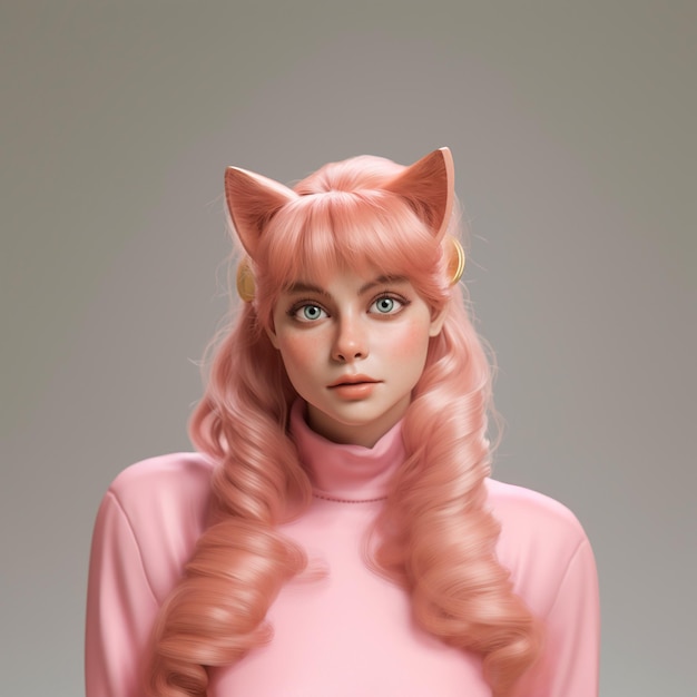 Foto retrato de menina com cabelo rosa e orelhas de gato barbie estética fotorrealista comercial de moda