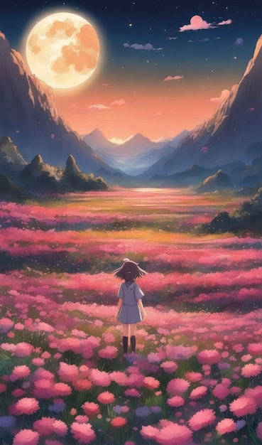 Retrato de menina com flores ao redor do jardim Vista traseira Estilo anime e desenho animado