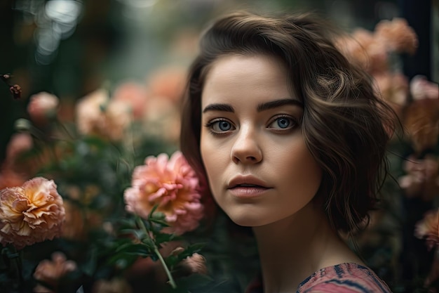 Retrato de menina com flores delicadas ao fundo olhando para a câmera