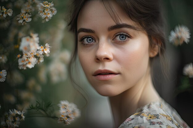 Retrato de menina com flores delicadas ao fundo olhando para a câmera