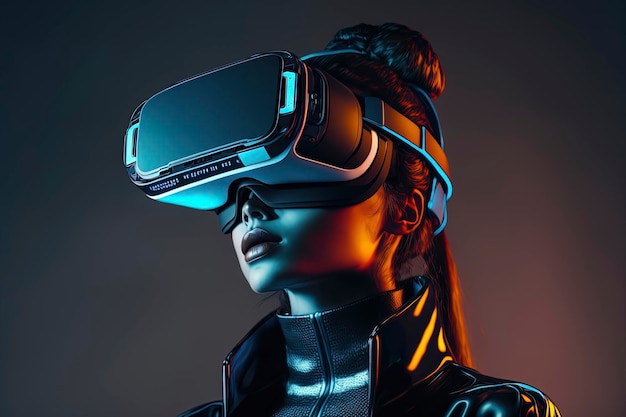 Retrato de menina com luzes de neon usando fone de ouvido de realidade virtual