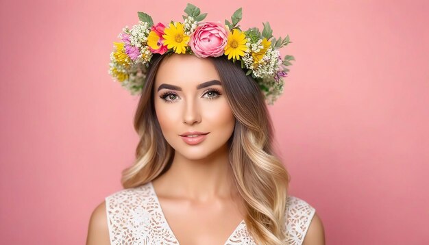 Retrato de menina roupas de verão coroa de flores cabeça