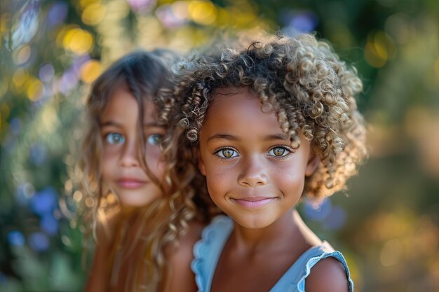 Retrato de meninas multirraciais ao ar livre no parque olhando para a câmera AI gerativa