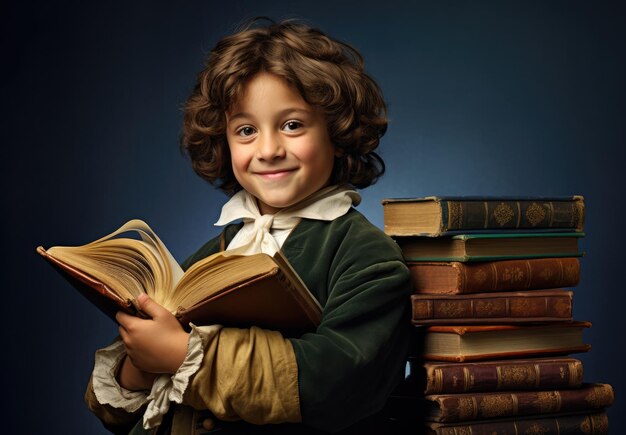 Retrato de menino com livros na cor de fundo