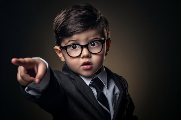 retrato de menino de óculos apontando para a câmera em fundo preto