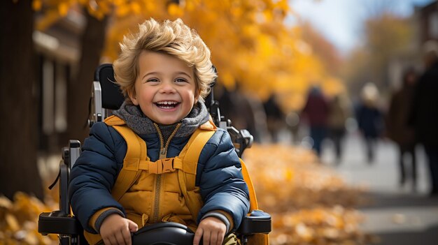 Retrato de menino em bicicleta na cidade de outono no backgroundgenerative ai