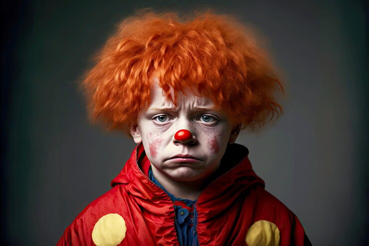 Foto retrato de menino triste em traje de palhaço com nariz vermelho na peruca vermelha