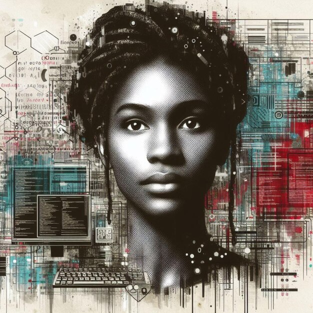 retrato de mídia mista de arte digital de uma programadora de computador afro-americana