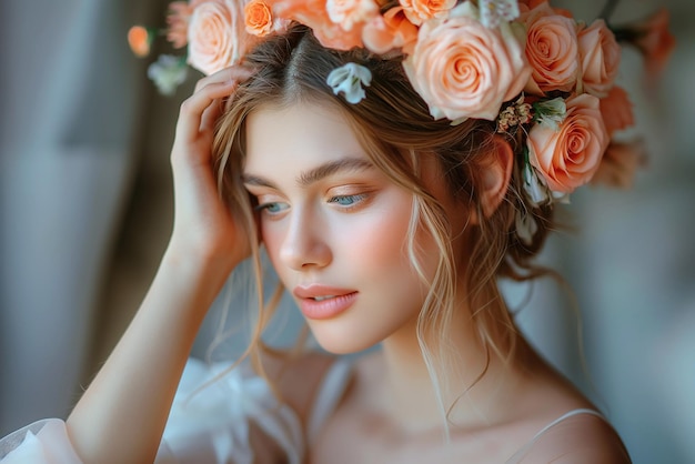 retrato de moça-noiva com penteado de casamento de noiva com flores frescas no cabelo