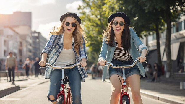 Foto retrato de moda ao ar livre de duas meninas muito engraçadas se divertindo juntas e enlouquecendo