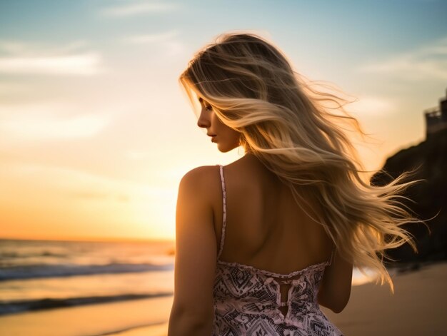 Retrato de moda ao ar livre de uma linda senhora sensual usando um elegante vestido maxi chiffon